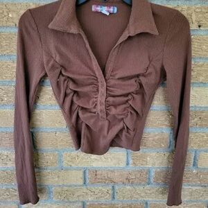 Urban Outfitters Chocolate Ruched Blouse - Brown 70s slight V Neck - Long Sleeve